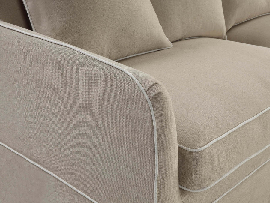 Contemporary Three Seater Slip Cover Sofa - Natural & White Piping