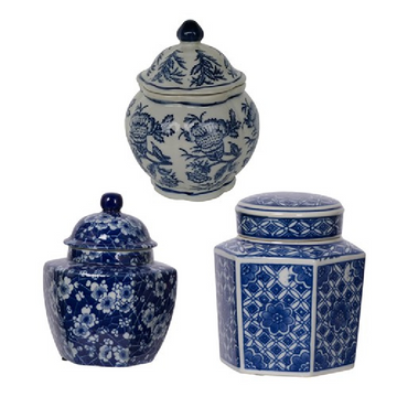 Set of 3 Blue & White Lidded Jars 15cm