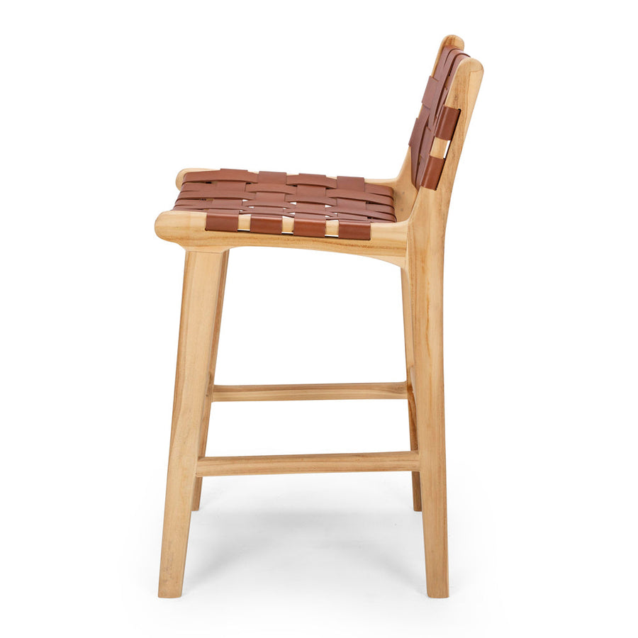 Solid Teak & Woven Leather Highback Barstool - Natural & Tan