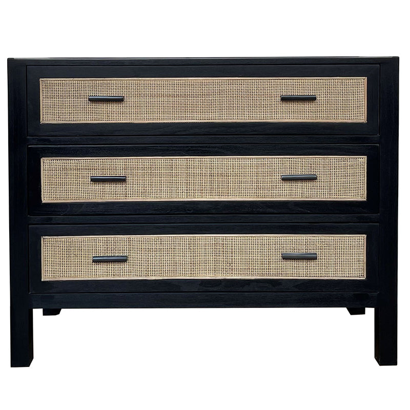 Woven Rattan 3 Drawer Commode - Rustic Black & Natural
