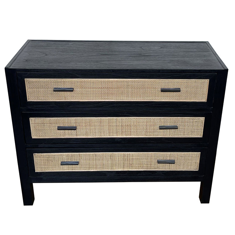 Woven Rattan 3 Drawer Commode - Rustic Black & Natural