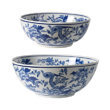 Set of Two Large Blue & White Decorative Bowls