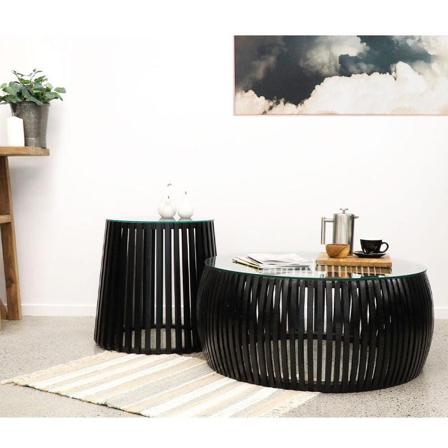 Teak & Tempered Glass Slatted Side Table - Black