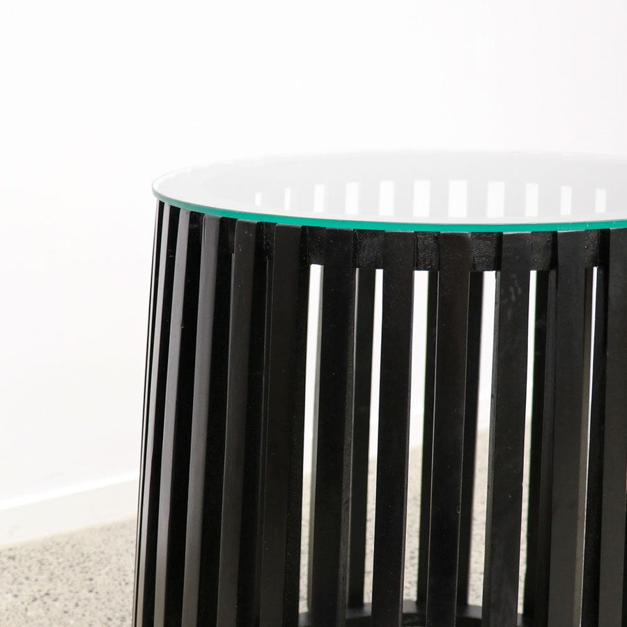 Teak & Tempered Glass Slatted Side Table - Black