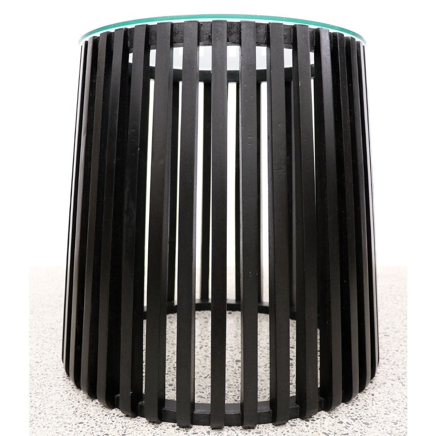 Teak & Tempered Glass Slatted Side Table - Black