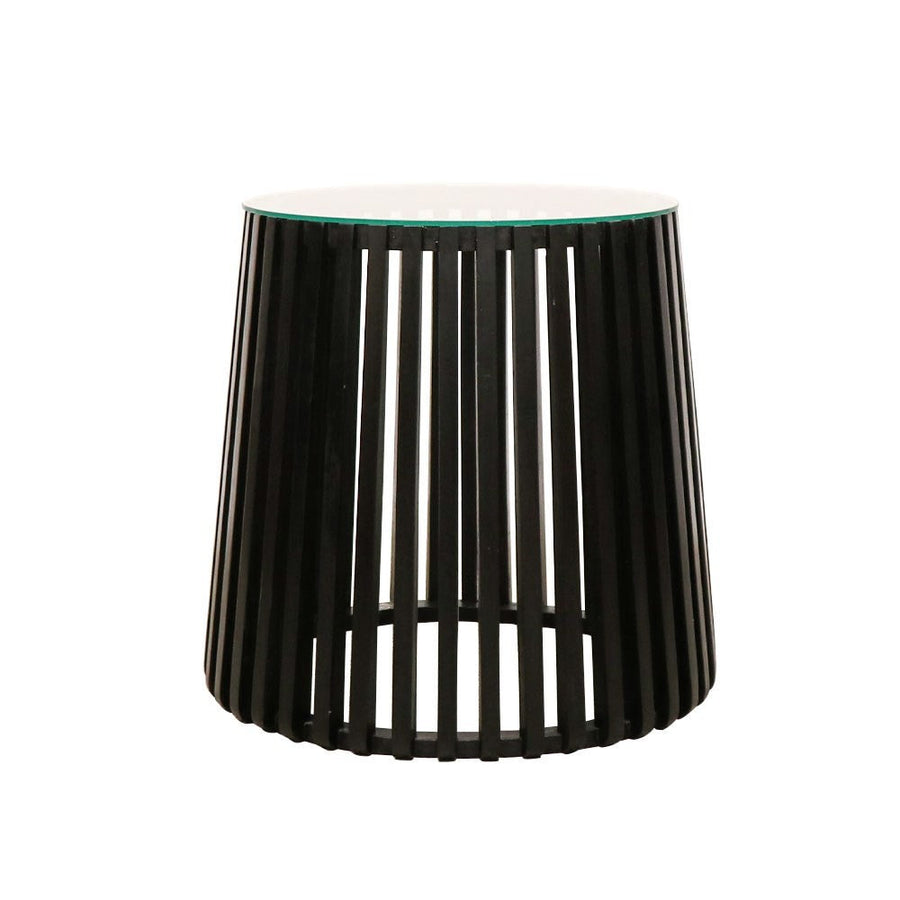 Teak & Tempered Glass Slatted Side Table - Black