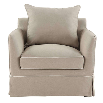 Hamptons Contemporary Slip-Cover Armchair - Natural & White Piping