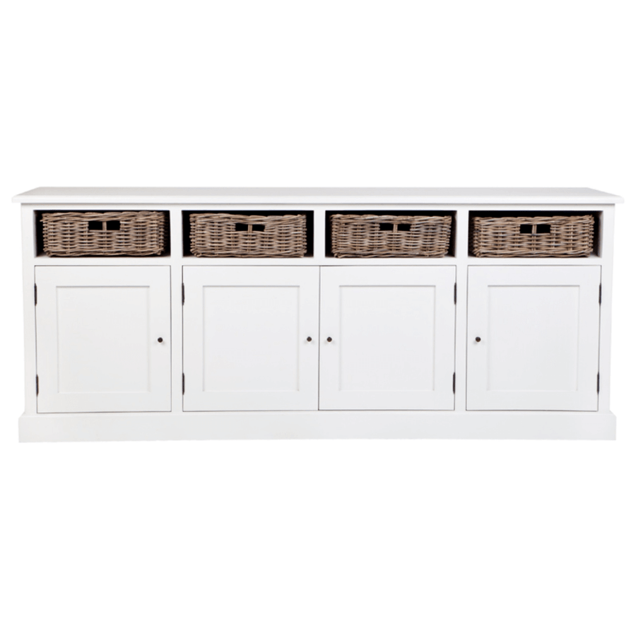 Hamptons White Mahogany Four Rattan Drawer Sideboard