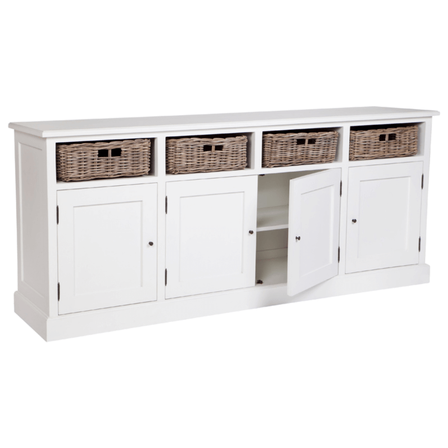 Hamptons White Mahogany Four Rattan Drawer Sideboard