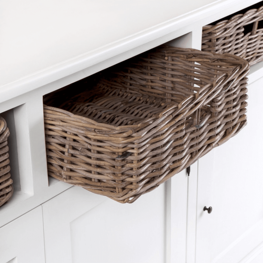 Hamptons White Mahogany Four Rattan Drawer Sideboard