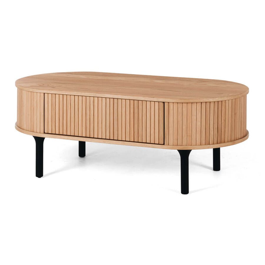 Linear Slatted Oak Oval Coffee Table