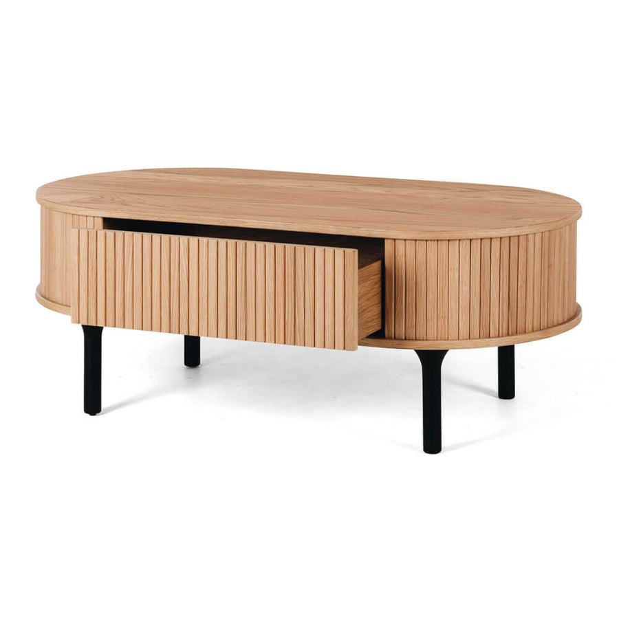 Linear Slatted Oak Oval Coffee Table