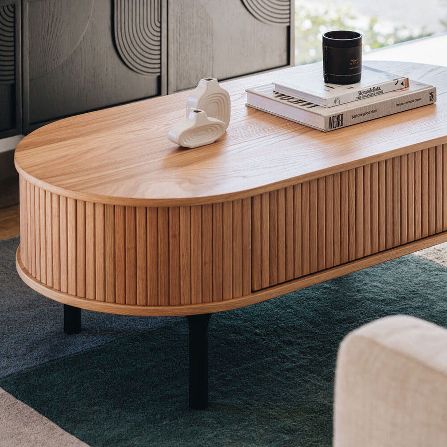 Linear Slatted Oak Oval Coffee Table