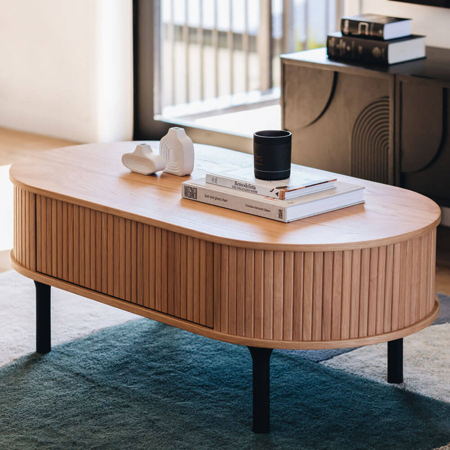 Linear Slatted Oak Oval Coffee Table