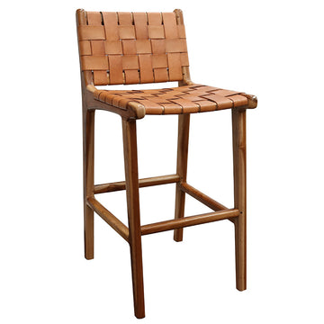 Woven Leather & Teak Barstool - Tan