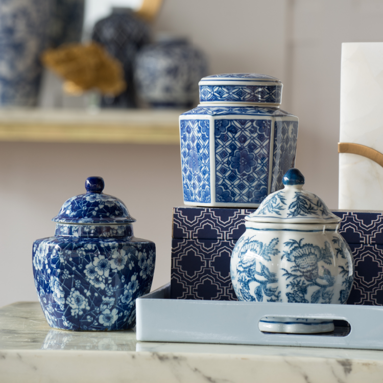 Set of 3 Blue & White Lidded Jars 15cm