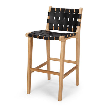 Solid Teak & Woven Leather Highback Barstool - Natural & Black