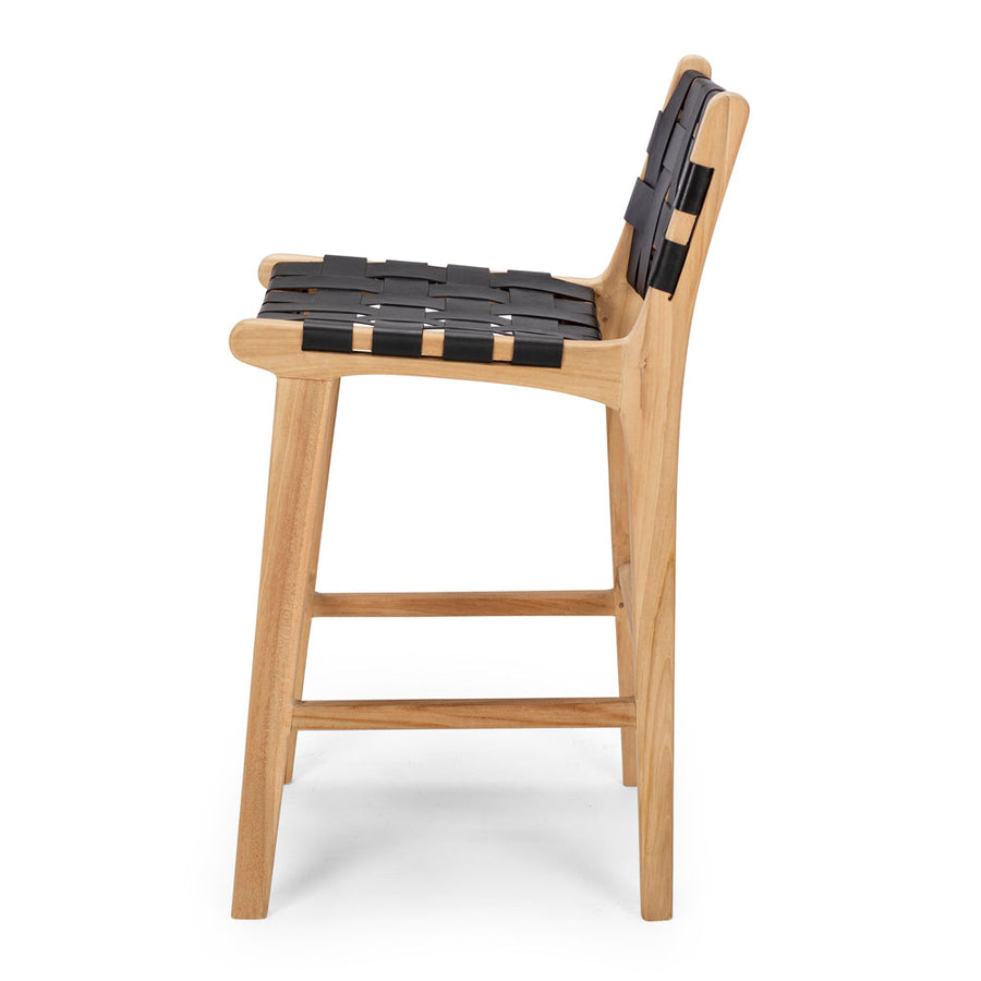 Solid Teak & Woven Leather Highback Barstool - Natural & Black