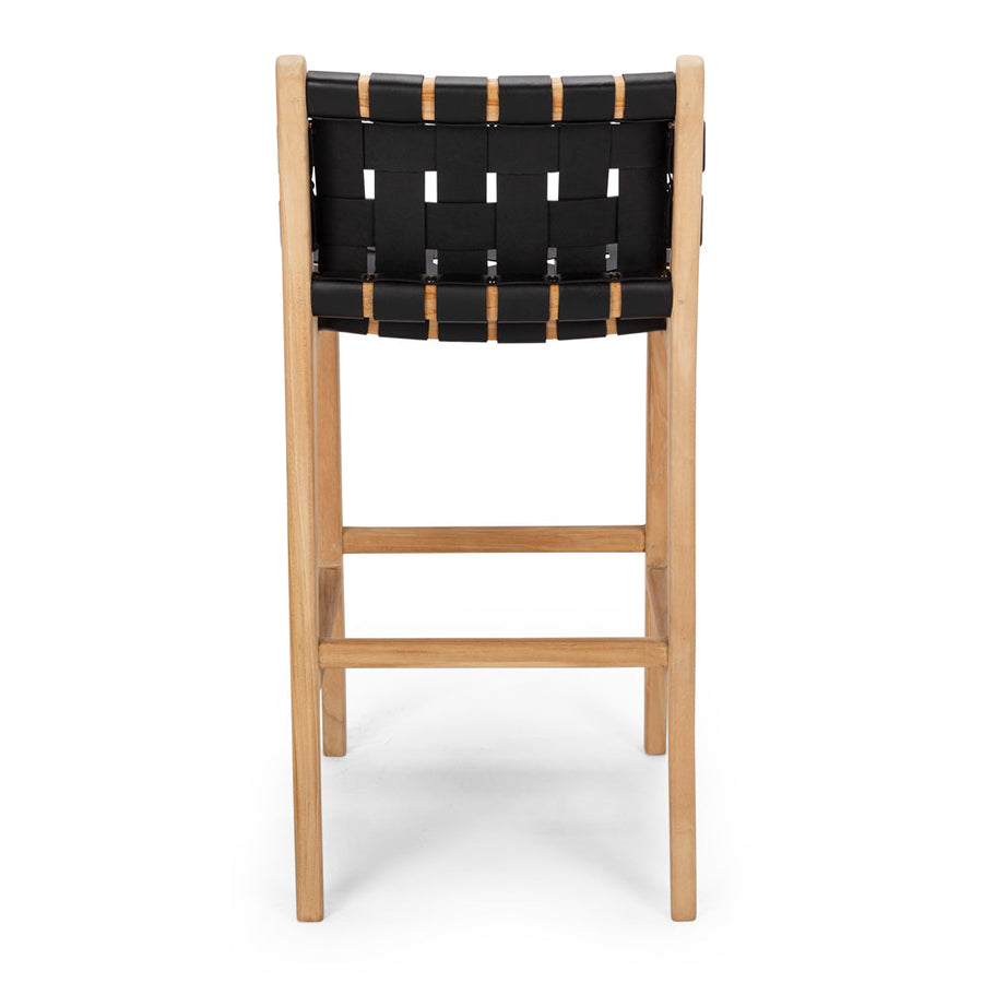 Solid Teak & Woven Leather Highback Barstool - Natural & Black