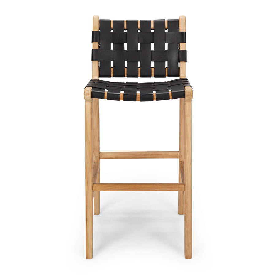 Solid Teak & Woven Leather Highback Barstool - Natural & Black