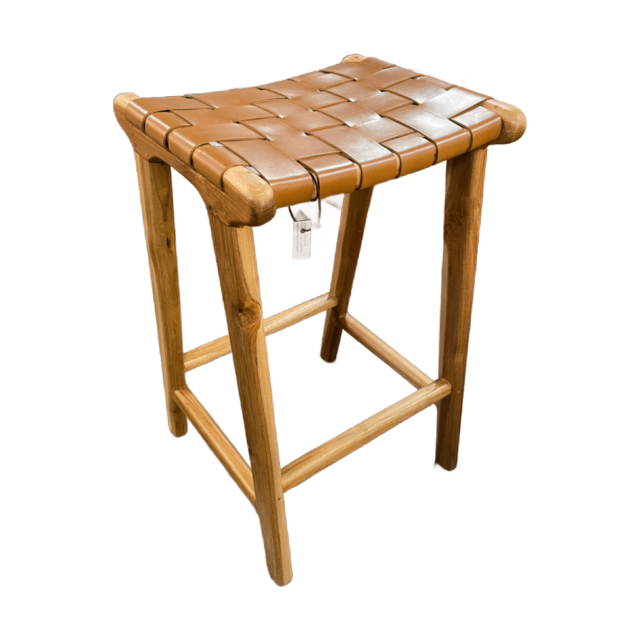 Woven Leather & Teak Counter Stool - Tan