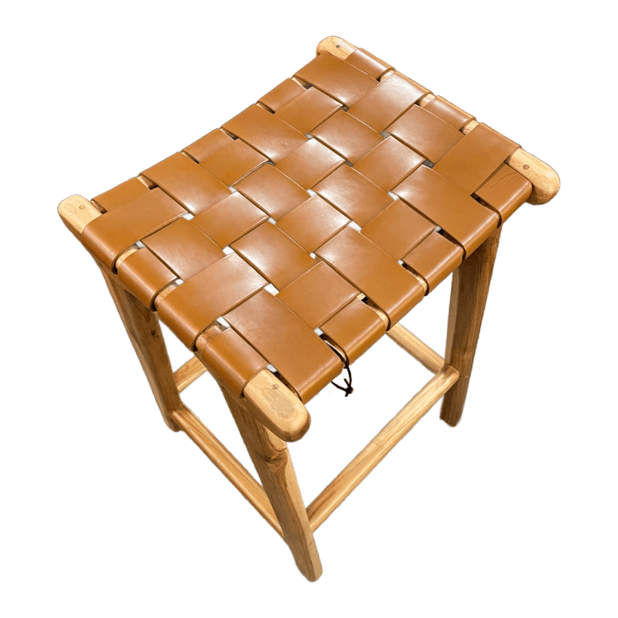 Woven Leather & Teak Counter Stool - Tan