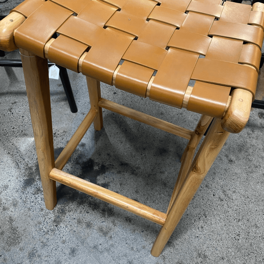 Woven Leather & Teak Counter Stool - Tan