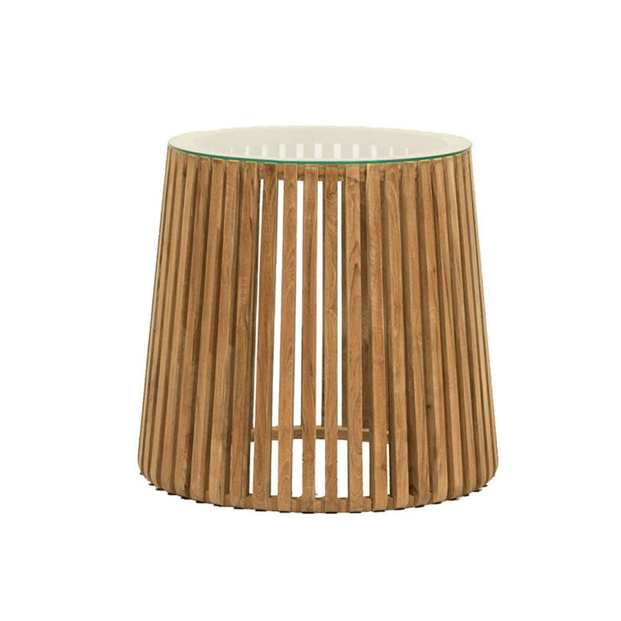 Teak & Tempered Glass Slatted Side Table - Natural