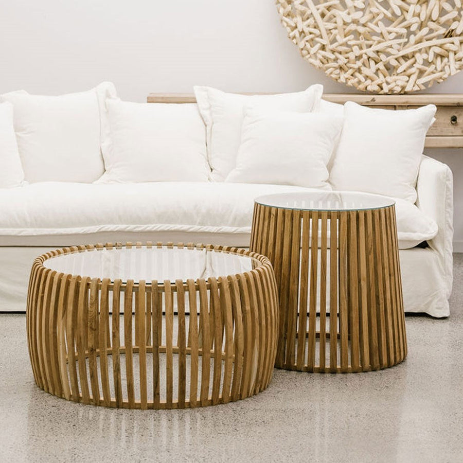 Teak & Tempered Glass Slatted Side Table - Natural